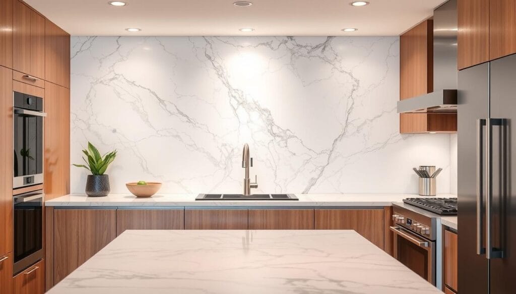 white marble backsplash